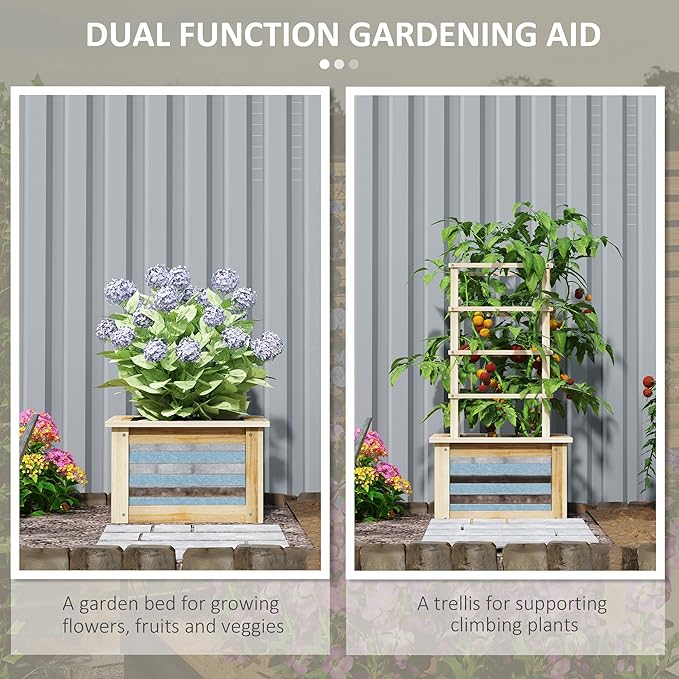 Outsunny Raised Garden Bed with Trellis, Wooden Planter Box with Galvanized Steel Sides, Raised Flower Bed for Climbing Plants, Flowers, Fruits and Vegetables, Natural Wood
