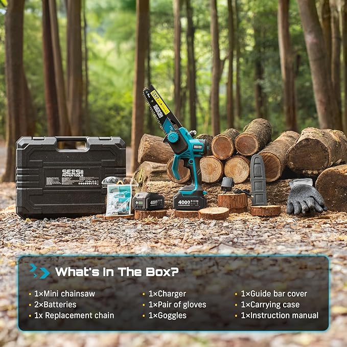 SEESII Flagship 8-Inch Cordless Mini Chainsaw, 2026 Upgraded Brushless Motor, Electric Chainsaw with 2×4000mAh Batteries, Tool-Free Chain Tension & Oiler, Handheld Saw for Fast Tree Branch Cutting