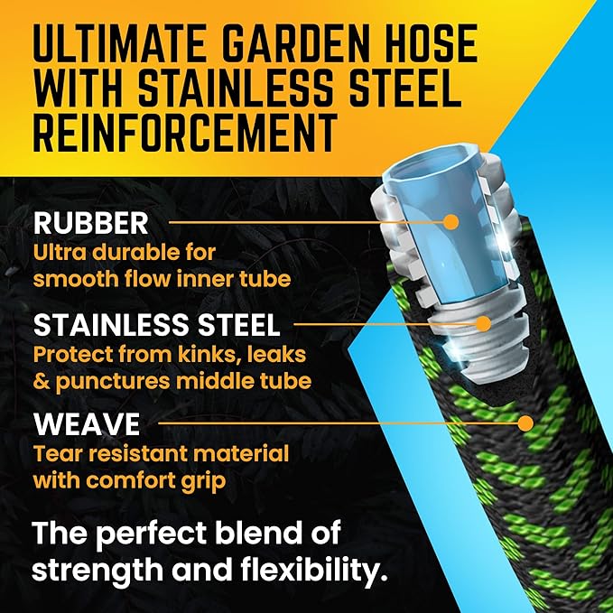 PowerFlow Garden Hose, NON-EXPANDABLE 75 Feet Premium Quality Stainless Steel Metal Water Hose with Durable Fabric Skin, Hose For Commercial, Residential Use, Bonus 10-way Spray Nozzle (75 Ft, Green)