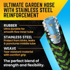 PowerFlow Garden Hose, NON-EXPANDABLE 100ft Premium Quality Stainless Steel Metal Water Hose with Durable Fabric Skin, Hose For Commercial, Residential Use, Bonus 10-way Spray Nozzle (100 Ft, Green)