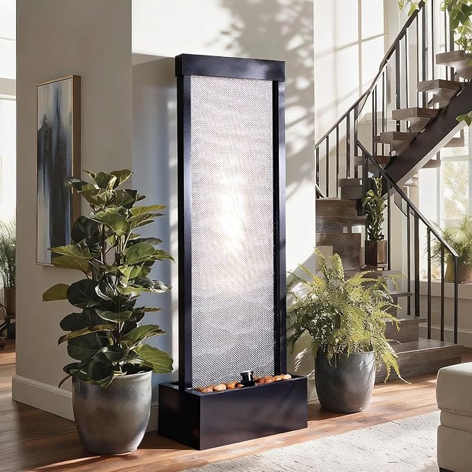 Jocoevol Mesh Panel Waterfall Fountain, Large Indoor Water Feature with Stones & Light, 63.4" Floor Standing Water Wall for Home Decor, Living Room, Patio, Outdoor Garden