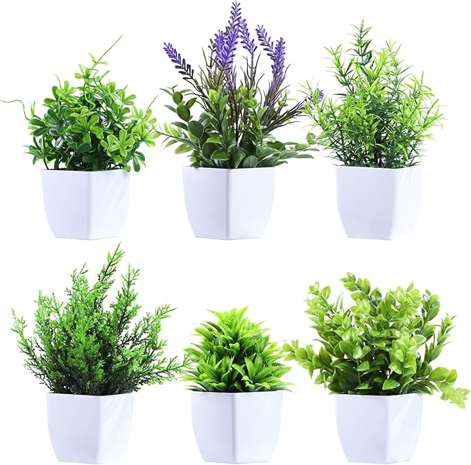 Clearain 6 Pack Small Fake Plants Mini Artificial Potted Plants for Table Desk Home Laundry Room Bathroom Office Decoration (White)