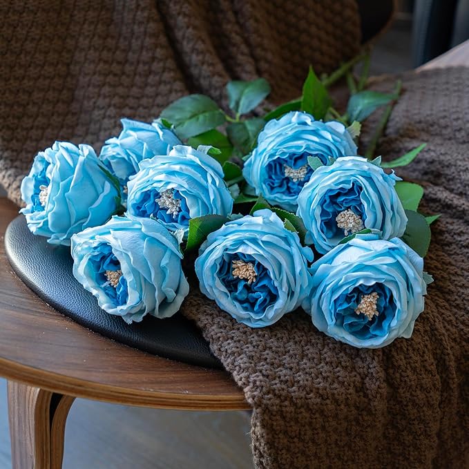 DUYONE Fake Flowers for Decoration Home Decor Artificial Flowers Austin Rose Peony Latex Fake Flower Living Room Decoration Vivid Pink Roses Peonies (Deep Blue 4pcs)