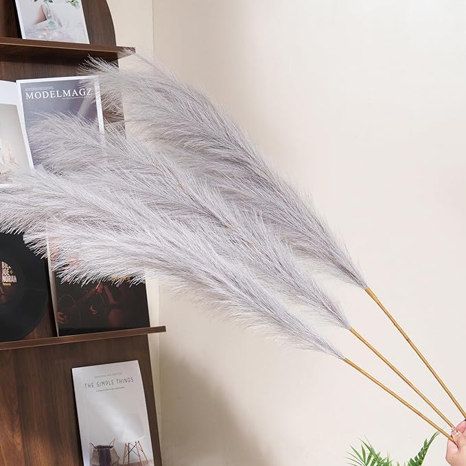 Premium Faux Grey Pampas Grass – 55" Tall Ultra-Fluffy 24-Branch One-Piece Stems No Assembly, Luxury Silk-Feel Feather Flowers for Modern Industrial Minimalist Home Decor (Charcoal, 8 Stems)