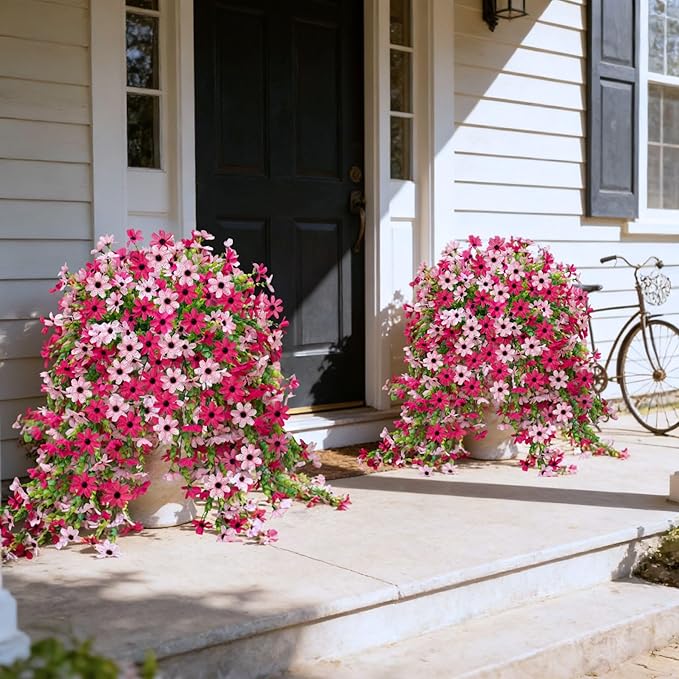 Fake Artificial Hanging Flowers for Outdoors Fake Plants Decoration, 2 Bundles Faux Silk Colorful Daisy Eucalyptus Realistic UV Resistant for Outside Home Planter Porch Patio Yard Decor(Rose Pink)
