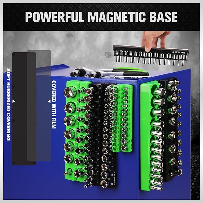 Magnetic Socket Organizer Holder Tool: 8PCS Set includes 2PCS 1/4", 4PCS 3/8", 2PCS 1/2" Drive Socket Storage Trays Toolboxs, Holding 199 Slots Soft Rubber Covering Black Green (sockets not included)
