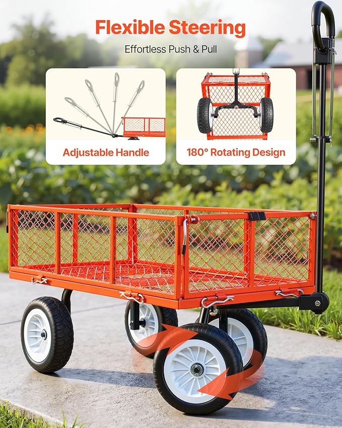 VEVOR 900 LBS Steel Garden Cart, 2 in 1 Handle, Heavy Duty Pullable Garden Wagon with 10" Flat-Free Tires, Outdoor Utility Yard Wagon Cart with Detachable Side Panels, Attach to ATV or Tractor, Red
