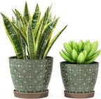 Docrin Dark Green Ceramic Planter Set - 6.6"+5.5" Indoor Outdoor Pots with Drainage Holes & Saucers for Home Office Decor