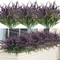 Ouddy Decor 16 Bundles Artificial Plants Outdoor Fake Grass Greenery Stems UV Resistant Faux Plastic Plants Shrubs for Spring Summer Garden Pathway Window Box Farmhouse Front Porch Home Decor, Purple