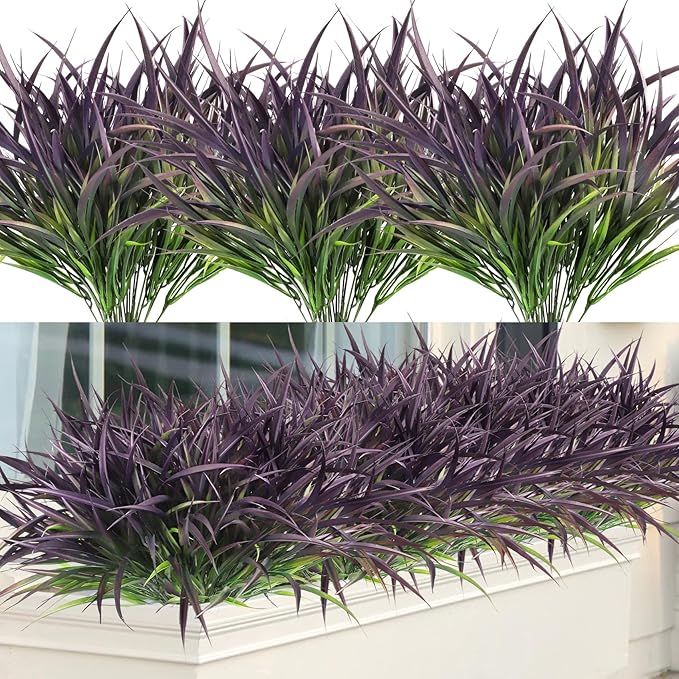 Ouddy Decor 16 Bundles Artificial Plants Outdoor Fake Grass Greenery Stems UV Resistant Faux Plastic Plants Shrubs for Spring Summer Garden Pathway Window Box Farmhouse Front Porch Home Decor, Purple