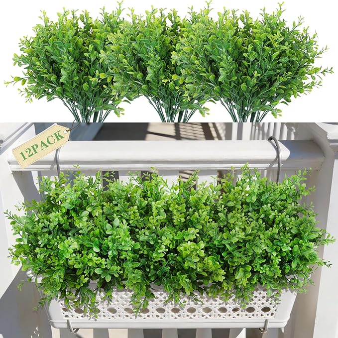 Artificial Plants Fake Greenery for Outdoor Spring Summer Decoration, 12 Bundles UV Resistant Realistic Faux Shrubs Stems No Fade Plastic Boxwood for Planter Garden Patio Balcony Porch Backyard Indoor