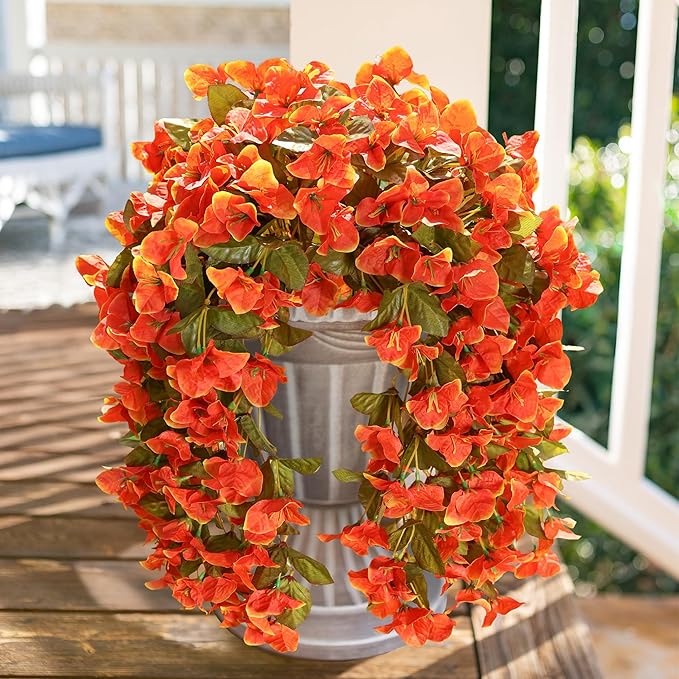 HyeFlora Bougainvillea Artificial Hanging Flowers Plants for Outdoors Decoration, 2pcs Faux Bougainvillea Vines Orange Fake Flowers Realistic UV Resistant Silk Flowers for Outside Planter Yard Porch