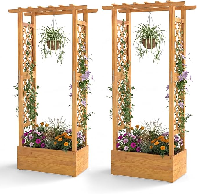 Happygrill 60" Raised Garden Bed with Trellis, 2 Pack Wood Planter Box w/Hanging Roof, 2 Side Trellises, Open-Ended Base for Flower, Climbing Plant, Plant Container for Garden