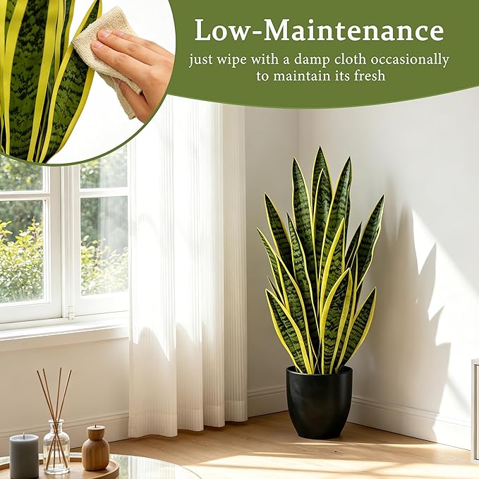 Fake Snake Plant, 27" Fake Potted Plants with Black Pot Realistic Artificial for Home Decor, Low Maintenance No Watering Needed Faux Plants for Desk Corner Office & Pet Areas(yellow-27in)