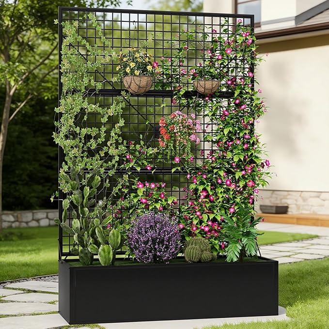Privacy Planters for Patio – Metal Raised Garden Bed with Trellis and Privacy Screen, 71"×47.2"×16" Planter Box with Drainage Holes for Climbing Plants, Vegetables, and Vines, Outdoor Backyard Black