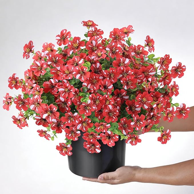 Artificial Morning Glory & Eucalyptus Topiary Trees - Set of 2 Faux Silk Flower Potted Plants, UV-Resistant Fake Outdoor Morning Glory Bushes for Front Door, Yard, Farmhouse, Garden Decor (Red)