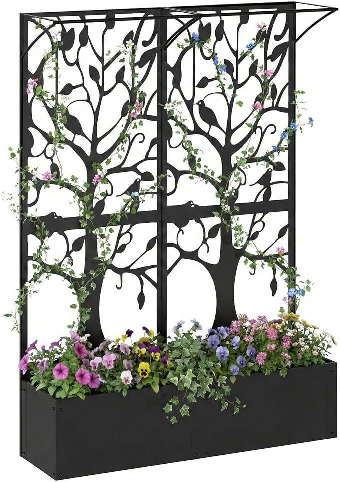 Metal Planter Box with Trellis, Tall Raised Garden Bed for Patio, Outdoor Privacy Planters for Climbing Plants, Vegetables, Fruits, Balcony, Outside, 62.4 x 12.2 x 44.6 Inch, Black