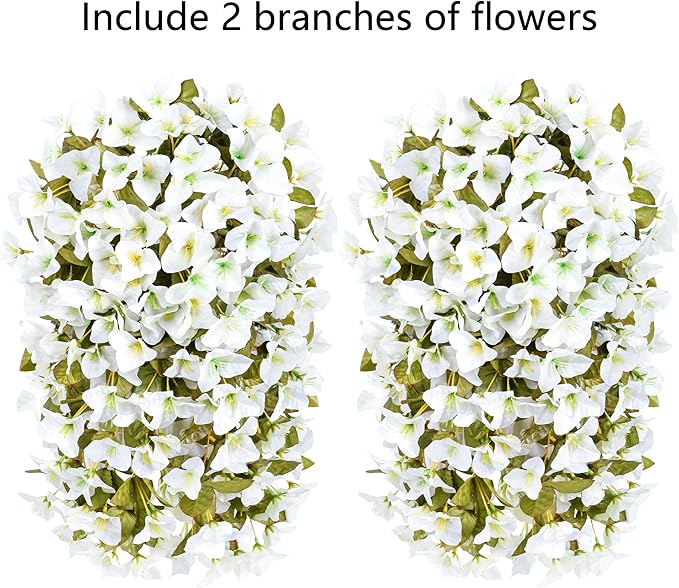 HyeFlora Bougainvillea Artificial Hanging Flowers Plants for Outdoors Decoration, 2pcs Faux Bougainvillea Vines White Fake Flowers Realistic UV Resistant Silk Flowers for Outside Planter Yard Gardens