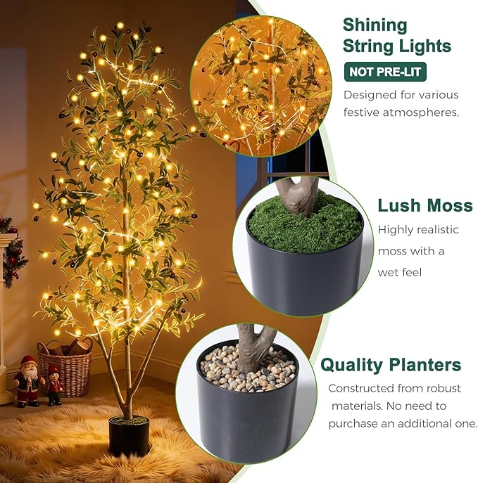 Olive Trees Artificial Indoor, 6FT Tall Faux Olive Tree with Light Kit Moss and Planter, Faux Plants Indoor with Natural Wood Trunk and Lifelike Fruits, Fake Tree for Home Office Living Room Decor