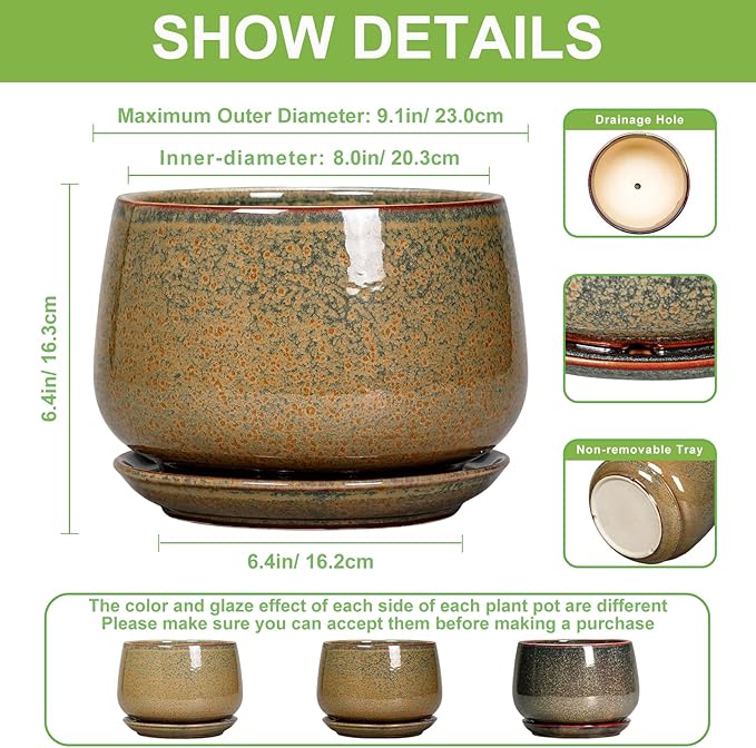 G EPGardening Ceramic Planters - 9 Inch Ceramic Pots for Plants Indoor Outdoor, Round Planter with Drainage and Saucer, Modern Indoor Flower Pots, House Room Decor, Gift for Women Men, Speckled Brown
