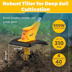 Battery Powered Tiller Compatible with Dewalt 20V Battery(Tool Only), 310RPM Folding Electric Rototiller Features 40 Steel Tines, 9.1In Tilling Width & 6.3In Depth Tiller
