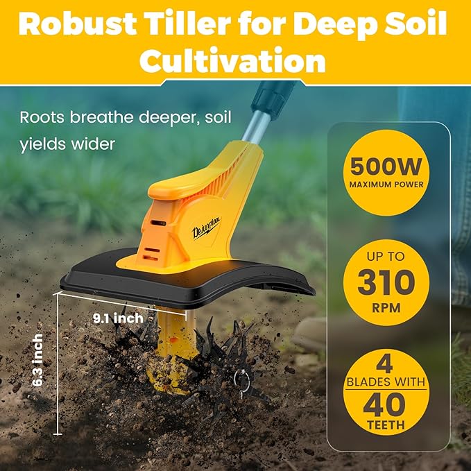 Battery Powered Tiller Compatible with Dewalt 20V Battery(Tool Only), 310RPM Folding Electric Rototiller Features 40 Steel Tines, 9.1In Tilling Width & 6.3In Depth Tiller