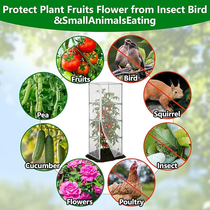 4 Pcs Garden Bird Netting for Square Plant Cage, 59" x 18" x 18" Tomato Cage Garden Net Cover with Zipper, Tomato Trellis Insect Bird Barrier Protection Mesh for Vertical Climbing Plants Vegetables