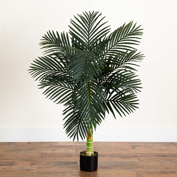 Nearly Natural 4-FT Artificial Golden Cane Palm Tree, Set of 2 Fake Palm Trees with Two Realistic Trunks and 10 Lifelike Palm Fronds, Faux Palm Plants for Indoor Home Décor with Black Nursery Planter