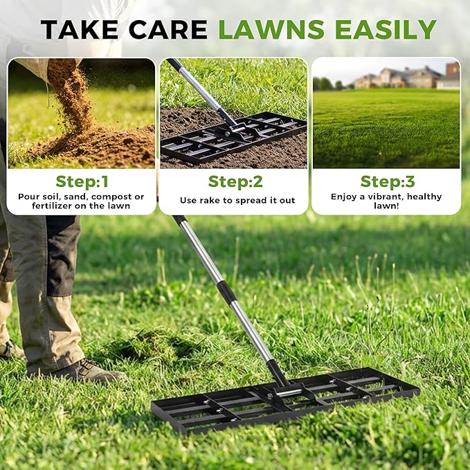 Lawn Leveling Rake, 30"x10" Stainless Steel Lawn Leveler with 76" Adjustable Handle, Heavy-Duty Yard Leveling Rake for Garden, Golf Course, Farm, Pasture, Professional Lawn Care Tool