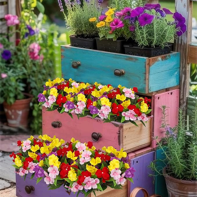 CITYES 4 Pcs Artificial Flowers for Outdoors Impatiens UV Resistant Silk Flowers Hibiscus Faux Impatiens Flowers for Outdoor Planters Pot Patio Garden Hanging Basket Porch Table Indoor Decor