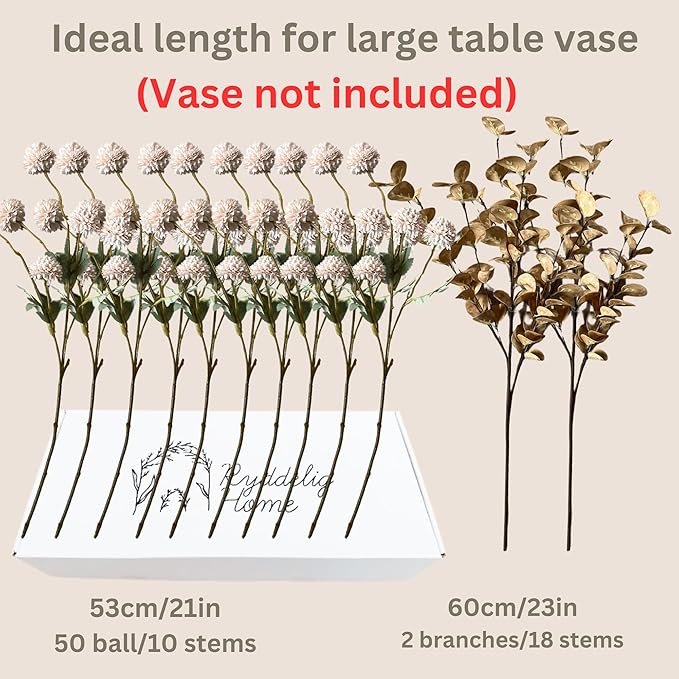 Artificial Flowers for Vase - Beige Silk Mums 10 Long Stems with Eucalyptus, Faux Flowers Home Decor, Neutral Tan Cream Floral Arrangement, Fake Chrysanthemum Pom Pom Stems, Spring Fall Centerpiece