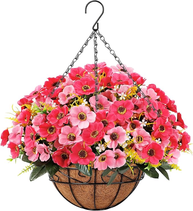 Ouddy Decor Artificial Hanging Flowers with Basket, Fake Silk Hanging Flowers in Coconut Lining Basket Faux Hanging Plants for Outdoor Indoor Spring Garden Porch Patio Balcony Home Decor, Pink