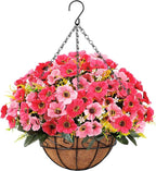 Ouddy Decor Artificial Hanging Flowers with Basket, Fake Silk Hanging Flowers in Coconut Lining Basket Faux Hanging Plants for Outdoor Indoor Spring Garden Porch Patio Balcony Home Decor, Pink