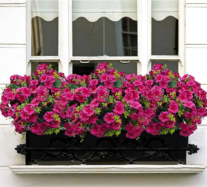 Artificial Geranium Flowers for Outdoor Decoration, 6 Bundles UV Resistant Silk Geranium Fake Plants Faux Flowers for Front Porch Garden Patio Window Box Outside Indoor Decor (Purplish Red)