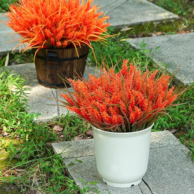 20 Bundles Artificial Plants Outdoor, UV Resistant Fake Flowers, Realistic Faux Lavender Shrubs for Porch Garden Window Box Home Decoration (Fall Orange)