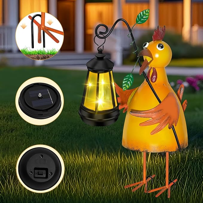 Solar Garden Decor Outdoor Statue, Metal Chicken with Solar Lantern for Outdoor, Yard, Patio Decor, Unique Birthday Gifts for Women Mom Grandma Cute Housewarming Gifts