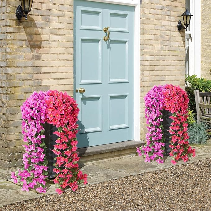 ATTGREAT Artificial Bougainvillea for Outdoors Faux Plants UV Resistant Flowers Fake Plastic Plants Realistic Silk Flowers for Porch Planter Garden Hanging Decoration, 2Pcs(Purple Red & Rose Red)