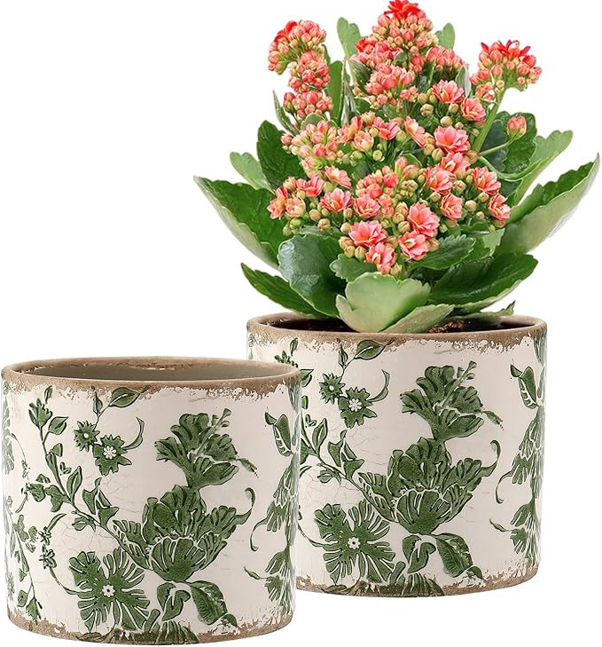 Set of 2 Vintage Ceramic Planters with Drainage Hole, Indoor Flower Pots for Outdoor Garden, Plant Vases, Green Tuscan Planter Set for Home, Gardening, Christmas Decor