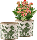 Set of 2 Vintage Ceramic Planters with Drainage Hole, Indoor Flower Pots for Outdoor Garden, Plant Vases, Green Tuscan Planter Set for Home, Gardening, Christmas Decor