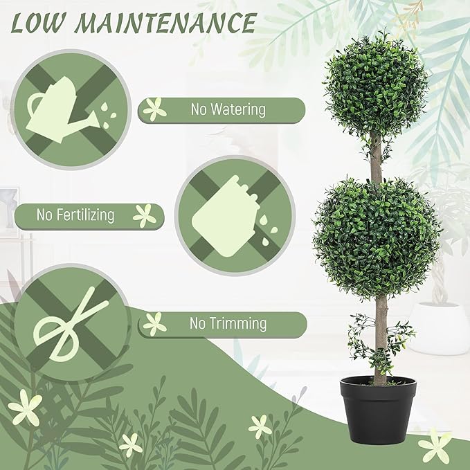 HOMCOM Artificial Plants Topiary Ball-Shaped Boxwood Trees in Pot Set of 2 Fake Plants for Home Indoor Outdoor Front Porch Decor, 36 Inch, Green