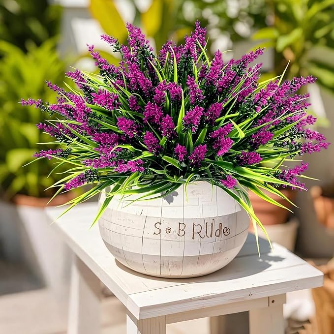 Geegoods Artificial Plants Flowers Outdoor – 24 Bundles UV Resistant Faux Lavender Flowers with Monkey Grass for Garden Porch Window Patio Hanging Planter Decor