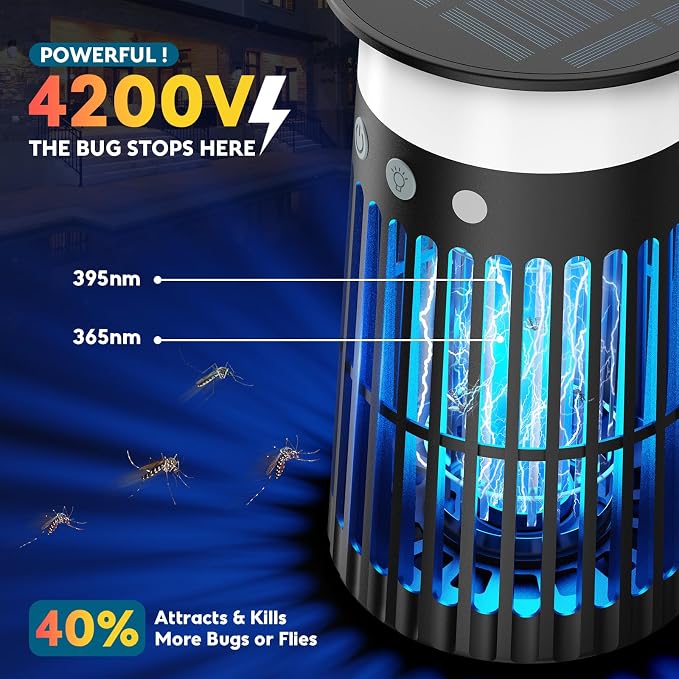 Solar Bug Zapper Outdoor, 5-in-1 Mosquito Zapper 4200V w/Flame Light & RGB Mode, Waterproof Portable Fly Zapper, Electric Cordless Fly Insect Mosquitoes Trap Killer for Patio Yard Camping RV Indoor
