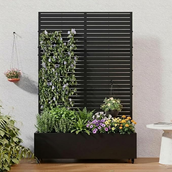 Casaphoria Metal Raised Garden Bed with Trellis and Wheels, 72"x47"x16" Planter Box for Climbing Plants, Vegetables & Vines, Features Drainage Holes and Privacy Screen (Black-Louvered)
