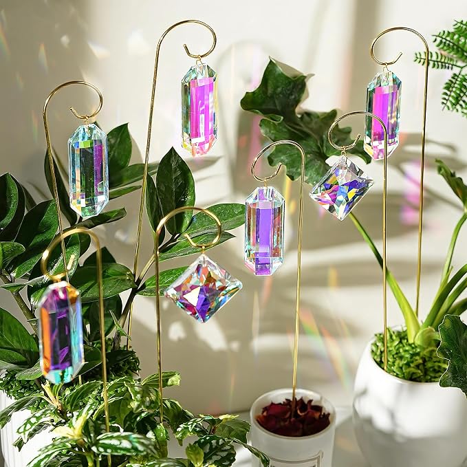Kanpura 7 Pieces Crystal Prisms Suncatchers with 13.7 ’’ Small Trellis for Mini Potted Plants Garden Accessories Indoor Fairy Plant Suncatchers Gift for Plant Lovers (AB)