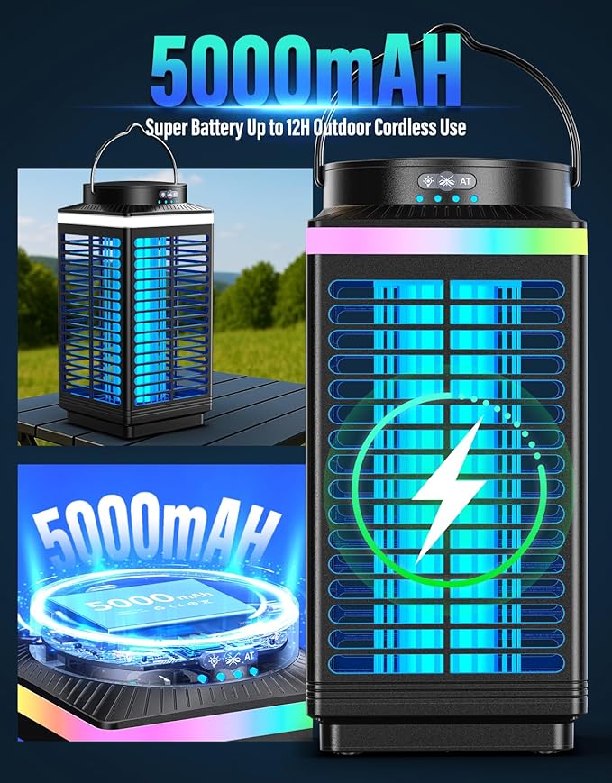Bug Zapper Outdoor Cordless, 4200V Electric Mosquito Zapper with LED Blue Light, 3 in 1 Portable & Rechargeable Bug Zapper Outdoor Waterproof IP67, Wireless Hanging Fly Zapper for Patio Camping