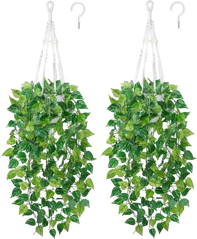 DREAMLOOM 2 Packs Fake Hanging Plants with Pots, Artificial Pothos Hanging Plants with Macrame Hanger for Indoor Decor, Fake Hanging Vines Faux Greenery for Home Kitchen Office