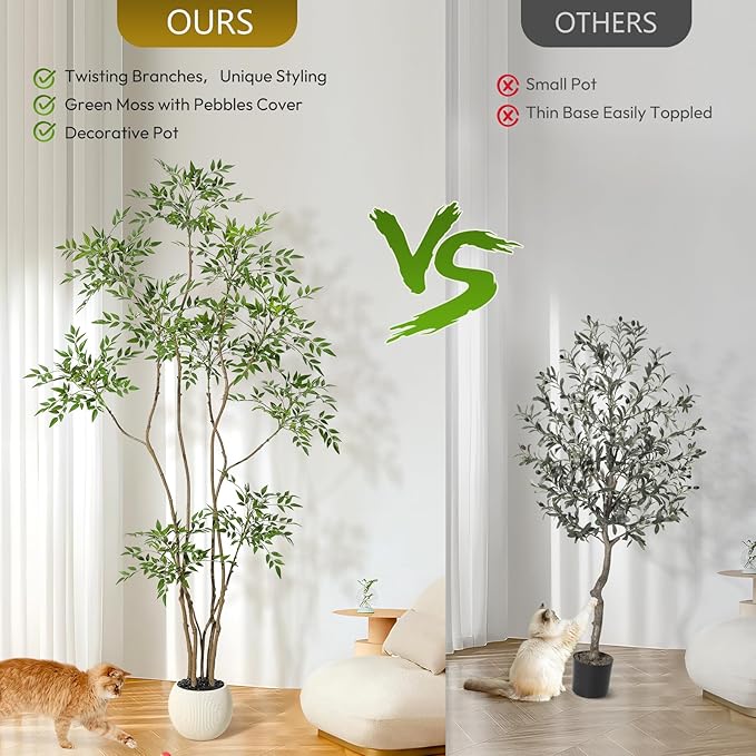 GarveeHome Artificial Plants Indoor,7 ft Tall Faux Floor Plant in Pot, Nandina Artificial Tree with White Planter for Home Decor Office Living Room