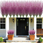 48 Bundles Artificial Grass Plants Outdoor Tall Faux Shrubs Greenery Stems Fake Onion Grasses Wheat UV Resistant for Outside Garden Indoor Office Home Decor（Pink）