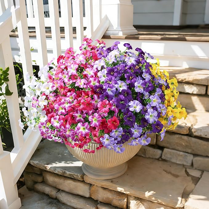 Artificial Flowers for Outdoors Decoration, 20 Bundles White Faux Morning Glory with Eucalyptus Look Real UV Resistant Fake Plants Silk Flowers for Outside Yard Gardens Porch Patio Planter Home Urn
