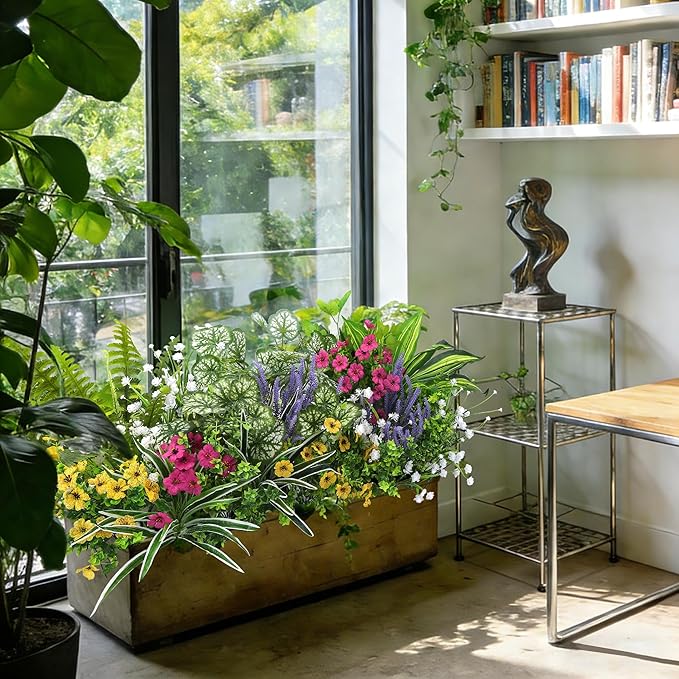 Roberly 20 Pcs Artificial Plants Outdoor, Fake Plants UV Resistant Greenery Stems Plastic Leaves Faux Flowers Bushes for Spring Summer Table Patio Front Porch Garden Indoor Outdoor Home Decor